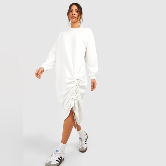 Boohoo White Long Sleeve Ruched Sweatshirt Dress Sz XS | Casual Chic Fall Outfit - Picture 1 of 11